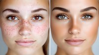Young woman face before and after skin treatment showing freckles removal and complexion improvement, beauty transformation demonstrating dermatology results.