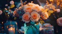 Peach roses and delicate baby's breath arranged in turquoise mason jar with glowing candles creating romantic evening ambiance for wedding or celebration decor.
