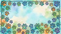 Colorful paw prints border a soft watercolor background in pastel tones, creating a playful design suitable for pet-related projects, children's materials, and animal-themed graphics.