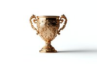 Ornate golden trophy cup with baroque style handles and floral engravings on white background, elegant metalwork details showcase luxury craftsmanship.
