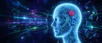 Digital human head profile with glowing circuit board brain and red core against futuristic cyber space background with light streams and data flow.