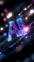 Glowing AI letters with circuit pattern in blue and purple neon colors on dark background with bokeh lights and digital connections. For technology concept design.