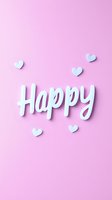 White text reading "Happy" with pastel mint hearts scattered on pink background. Isolated design element suitable for greeting cards, social media posts, and motivational graphics.