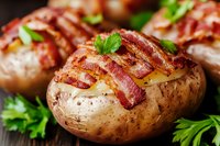 Baked stuffed potato topped with crispy bacon strips and fresh parsley on wooden surface. Close up view of homemade appetizer with melted cheese and seasonings.