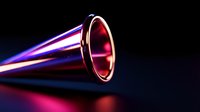 Glowing metallic cone shape emitting vibrant red and blue light beams against dark background, creating futuristic sci-fi atmosphere with dramatic lighting effects.