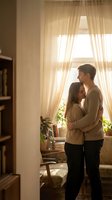 Young couple embracing in cozy living room with warm sunlight streaming through sheer curtains creating intimate romantic atmosphere at home.