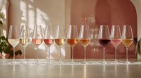 Wine glasses filled with different varieties from white to rose and red arranged in row on marble counter against pink arch wall with natural lighting.