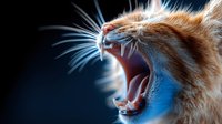 Close-up macro shot of ginger cat yawning showing sharp teeth and whiskers against dark background with dramatic blue lighting effect creating moody atmosphere.
