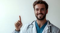 Young male medical professional in white coat and scrubs pointing upward with confident smile, stethoscope around neck against light background.