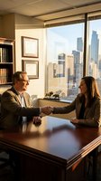 Professional business meeting with handshake between mature businessman and young businesswoman in modern office with city skyline view during golden hour.