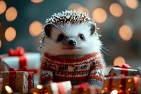 Adorable hedgehog wearing festive red knitted sweater surrounded by wrapped Christmas gifts and warm bokeh lights for holiday greeting cards.