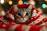 Adorable tabby kitten wrapped in red knitted Christmas sweater with festive bokeh lights background for holiday greeting cards and seasonal campaigns.