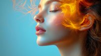 Young woman with closed eyes and red lips in profile view against blue background, with glowing orange light effects and smoke creating mystical atmosphere.