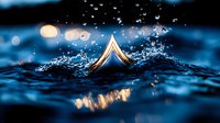 Floating paper boat on dark water surface with splashes and bokeh lights creating magical atmosphere. Reflection and water drops add dreamy effect.