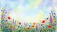 Watercolor wildflower meadow border with colorful blooms on soft pastel sky background, copy space for text, spring nature art.