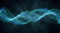 Abstract flowing wave of glowing blue and green light strands on dark background, representing energy, technology, data flow, and digital motion for modern design projects.