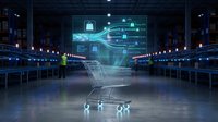 Futuristic shopping cart with holographic digital interface in modern warehouse aisle showcasing ecommerce technology and retail innovation concepts.