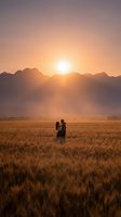 Romantic couple embracing in golden wheat field at sunrise with majestic mountain silhouettes and warm atmospheric light for wedding and love concepts.