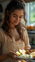 Young woman with gentle smile enjoying healthy breakfast with fresh fruits, yogurt and granola in sunny kitchen. Natural morning lifestyle portrait.