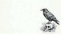 Crow perched on skull surrounded by thorny branches and foliage in monochrome line art style, isolated on white background for design projects.