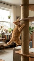 Ginger tabby kitten climbing and playing on a rope-wrapped cat tree in a bright living room with natural window light, potted plants, and home furnishings in background.