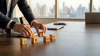 Business professional arranging wooden blocks with dollar symbols on office desk, representing financial planning and investment strategy in corporate environment.