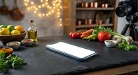 Modern kitchen setup with smartphone on dark slate surface surrounded by fresh vegetables and cooking ingredients for food blogging content creation.