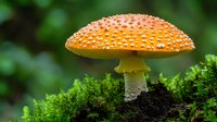 Vibrant orange amanita muscaria mushroom with white spots growing in green moss and soil, macro nature photography showing detailed fungus texture and pattern.