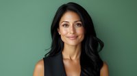 Confident Hispanic businesswoman with long dark hair and natural makeup smiling warmly against green background. Professional headshot style portrait showing genuine expression.