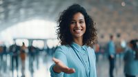 Young woman with curly hair smiling and extending hand in welcome gesture at busy airport terminal, representing business hospitality and customer service.