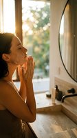 Woman applying facial clay mask in bathroom mirror with natural morning light from window, skincare routine and beauty treatment at home.