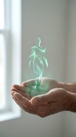 Hands holding glowing green holographic human figure in cupped palms representing digital healthcare technology and medical innovation concept.