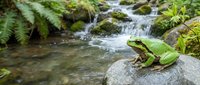 Green tree frog perched on wet rock beside flowing stream surrounded by moss-covered stones and lush ferns in natural forest habitat.