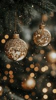 Golden glitter ornaments hanging from pine branches with magical bokeh lights in background, creating festive holiday atmosphere.