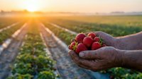 Fresh ripe strawberries in farmer hands at sunrise over agricultural field rows. Organic berry harvest concept for healthy eating and sustainable farming.
