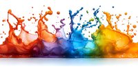 Vibrant rainbow liquid splashes creating dynamic motion with red, purple, blue and yellow paint drops colliding in artistic fluid dance against white background.