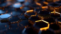 Futuristic hexagonal technology background with glowing golden edges and dark surface, creating a digital network pattern.
