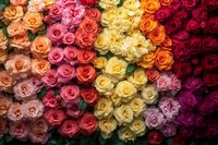 Vibrant multicolored roses arrangement featuring pink, yellow, orange, red and burgundy blooms creating stunning floral display for romantic occasions.