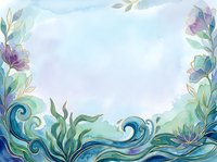 Watercolor floral frame with ornamental waves and botanical elements in soft purple, blue, and green tones on white background. Isolated design element suitable for invitations, cards, and decorative projects.