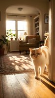 Fluffy orange Persian cat standing in sunlit doorway of cozy living room with warm natural light streaming through windows creating peaceful home atmosphere.
