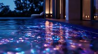 Illuminated infinity pool at twilight with glowing reflections of lights creating magical sparkles on rippling water surface, luxury resort ambiance.