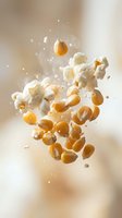 Popcorn kernels and fluffy white popped corn exploding in mid-air with dynamic motion blur against neutral beige background for snack advertising.