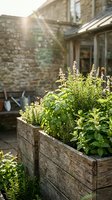 Raised wooden garden beds with fresh herbs and flowering plants in a sunny courtyard surrounded by stone walls and rustic architecture, perfect for gardening and outdoor living projects.
