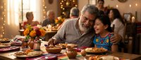 Multigenerational Hispanic family enjoying Thanksgiving dinner together with grandfather hugging granddaughter at festive table with autumn decorations.