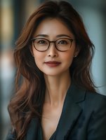 Professional Asian businesswoman with long wavy hair wearing glasses and dark blazer smiles confidently at camera, representing success and leadership in corporate environment.