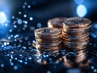 Stacked silver coins on dark background with blue bokeh lights, representing financial growth, wealth management and investment concepts for business design.