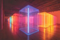Glowing neon cubes in empty gallery space create vibrant light installation with red, blue, and orange reflections on wooden floor, modern art exhibition setup.
