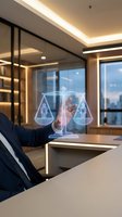 Businessman touching holographic justice scales with people icons in modern office representing legal technology and digital law consultation services.