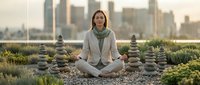 Young professional woman meditating in lotus position surrounded by balanced stone cairns with urban city skyline background at sunset for wellness concepts.