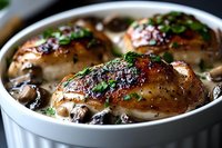 Juicy roasted chicken thighs with mushrooms in creamy sauce garnished with fresh herbs, served in white ceramic baking dish. Close up food photography.